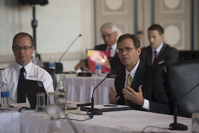 Dr. Robert Toutkoushian, an Economist specializing in higher education, speaks about the challenges of finances within higher eduaction during an Iowa Board of Regents Meeting on Thursday June 8, 2017. (The Daily Iowan/Nick Rohlman)