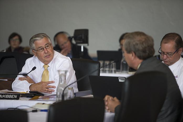 University of Iowa President Bruce Harreld takes a question from Regent McKibben during an Iowa Board of Regents Meeting on Thursday June 8, 2017. (The Daily Iowan/Nick Rohlman)