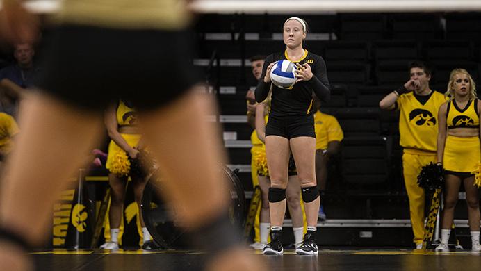 Iowas Annika Olsen prepares to serve the ball during a volleyball match at the Carver Hawkeye Arena in Iowa City on Saturday, Sept. 3 , 2016. Iowa defeated Oakland 3-0. (The Daily Iowan/Ting Xuan Tan)