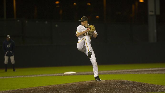 Iowas Ryan Erickson pitches during game two of the Iowa-Penn State baseball series at Duane Banks Field on Friday, April 28, 2017. The Hawkeyes swept the rain delayed, late night double header, 4-2 and 8-2, respectively. (The Daily Iowan/Lily Smith)
