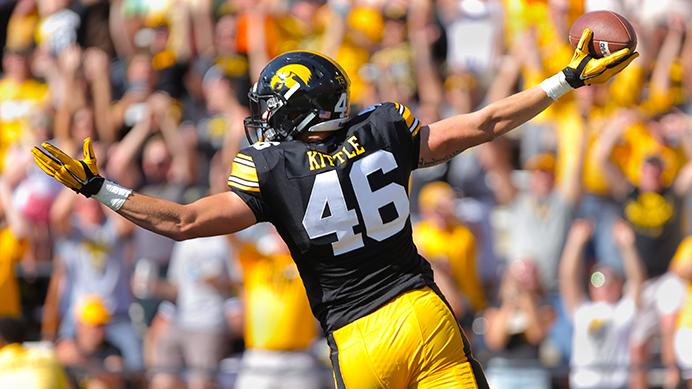 FILE - In this file photo Iowa tight end George Kittle celebrates after his touchdown during the Iowa-North Texas game in Kinnick Stadium on Saturday, Sept. 26, 2015. (The Daily Iowan/Valerie Burke)