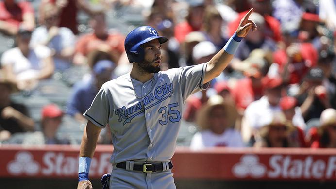 Kansas City Royals Eric Hosmer gestures to Mike Moustakas after scoring on a double hit by Moustakas during the third inning of a baseball game against the Los Angeles Angels, Sunday, June 18, 2017, in Anaheim, Calif. (AP Photo/Jae C. Hong)