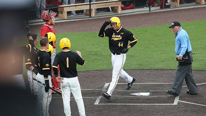 Iowa+outfielder+Robert+Neustrom+celebrates+with+teammates+after+his+grand+slam+during+the+game+between+the+Bradley+Braves+and+the+Iowa+Hawkeyes+in+Iowa+City+at+Duane+Banks+Field+on+Wednesday%2C+March+22%2C+2017.+Neustrom+leads+the+Cape+Code+league+in+home+runs+with+3%2C+hitting+.286.+Midway+through+the+summer%2C+he+has+scored+9+runs+and+racked+up+16+hits+and+11+RBIs.%0A%28The+Daily+Iowan%2F+Alex+Kroeze%29