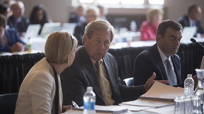 University of Iowa Provost Sue Curry speaks to UI President Bruce Harreld during a state Board of Regents meeting at the University of Northern Iowa campus on Thursday, June 8, 2017. (The Daily Iowan/Nick Rohlman)