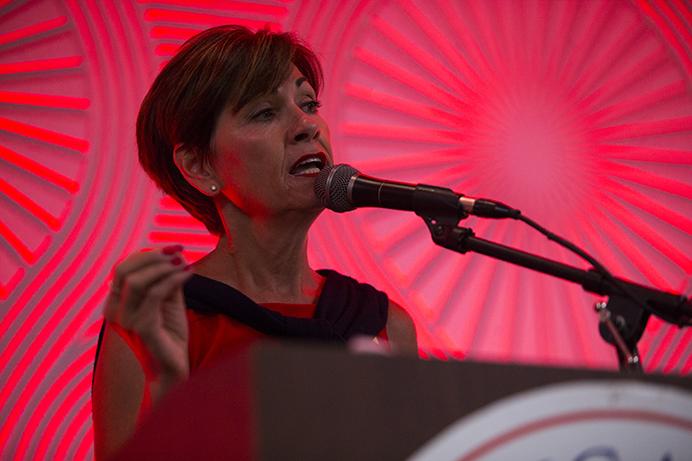 Iowa Gov. Kim Reynolds speaks during a Johnson County Republicans event in Coralville at the Radisson Hotel & Conference Center on Thursday, July 6, 2017. Iowa Gov. Reynolds spoke to Republican constituents who had a minimum donation of $25 per individual to attend, $125 to host, and $500 to sponsor. (Joseph Cress/The Daily Iowan)