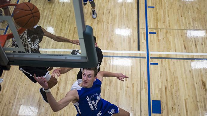 Iowas Jack Nunge goes for a lay up during tonights Prime Time game at North Liberty Community Center on Thursday, July 13, 2017. Playoffs for Prime Time begin on Sunday with the league hosting its final game on July 23 (Ben Smith/The Daily Iowan)