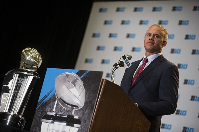 Maryland Head Coach, DJ Durkin, speaks during Big Ten Football Media Days at McCormick Place Conference Center in Chicago on Monday, July 24, 2017. Iowa Head Coach Kirk Ferentz and players Sean Welsh, Matt Vandeberg, and Josie Jewell represented the Hawkeyes at the conference. (Ben Smith/The Daily Iowan)