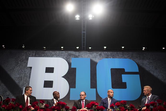 Coaches Paul Chryst, Lovie Smith, Tom Allen, and James Franklin interview with Fox Sports Game Analyst, Joel Klatt, during the Big Ten Football Media Day Luncheon at McCormick Place Conference Center in Chicago on Tuesday, July 25, 2017. (Ben Smith/The Daily Iowan)