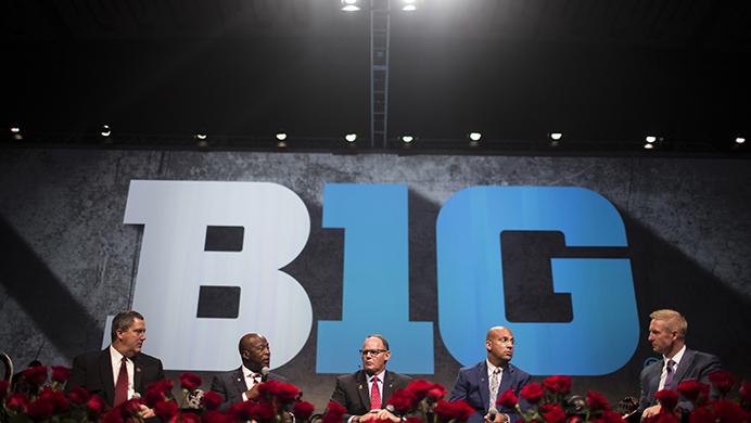 Coaches Paul Chryst, Lovie Smith, Tom Allen, and James Franklin interview with Fox Sports Game Analyst, Joel Klatt, during the Big Ten Football Media Day Luncheon at McCormick Place Conference Center in Chicago on Tuesday, July 25, 2017. (Ben Smith/The Daily Iowan)