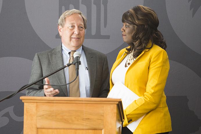 University of Iowa President Bruce Harreld stands with then-new VP for Student Life Melissa Shivers during the grand opening ceremony for Elizabeth Catlett hall on Friday, July 28, 2017. 