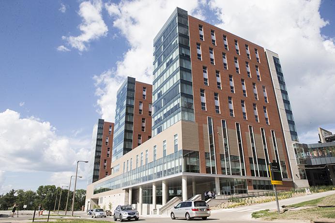Catlett Hall is seen during its grand opening on July 28. Catlett, the largest residence hall on campus, will house 1,049 students. Elizabeth Catlett, a famous artist, was the first African-American woman to graduate from the UI with a M.F.A. (Joseph Cress/The Daily Iowan)
