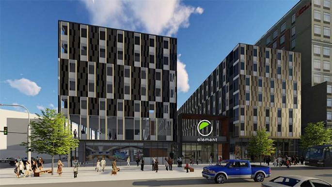 The developers rendering of the Element Hotel, which will be located at 314 S. Clinton St. (screenshot from Iowa City City Council documents)