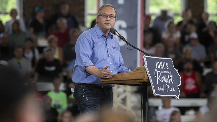 Iowa Congressman David Young speaks during Iowa Senator Joni Ernsts second annual Roast and Ride event in Des Moines on Saturday, August 27, 2016. The event started with a 42-mile motorcycle ride from the Big Barn Harley-Davidson dealership to the Iowa State Fairgrounds where Ernst hosted a rally with fellow Republican leaders headlined by Republican presidential nominee Donald Trump. (The Daily Iowan/Joseph Cress)