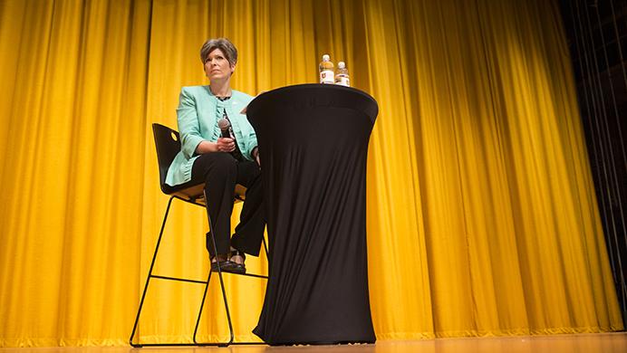 Sen. Joni Ernst, R-Iowa, speaks during a town hall meeting in Cedar Rapids on March 17. Ernst was wrapping up a 99-county tour.(Joseph Cress/The Daily Iowan)