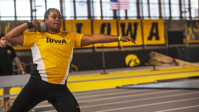 In this file photo, Iowa freshman Laulauga Tausaga attempts a throw during the Border Battle indoor track meet in the UI Recreation Building with Iowa, Missouri and Illinois competing on Saturday, Jan. 7, 2017. Tausaga won the National Championship in the discus on June 22 in Sacramento, California. 