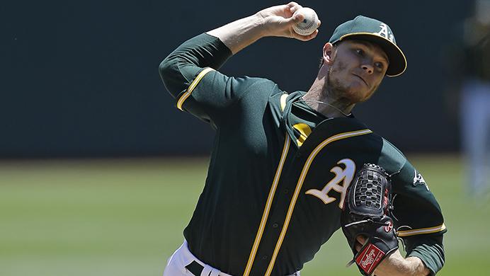 Oakland Athletics pitcher Sonny Gray works against the Tampa Bay Rays in the first inning of a baseball game Wednesday, July 19, 2017, in Oakland, Calif. (AP Photo/Ben Margot)