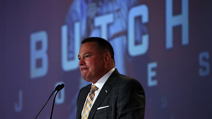 Tennessee NCAA college football coach Butch Jones speaks during the Southeastern Conferences annual media gathering Monday, July 10, 2017, in Hoover, Ala. (AP Photo/Butch Dill)