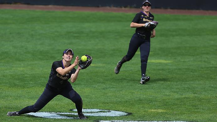 Northwestern infielder Marissa Panko runs underneath a pop fly during the game between Iowa/Northwestern at Pearl Field on Sunday, May 7, 2017. On Iowas senior day they fell to the Wildcats 5-2. (The Daily Iowan/ Alex Kroeze)