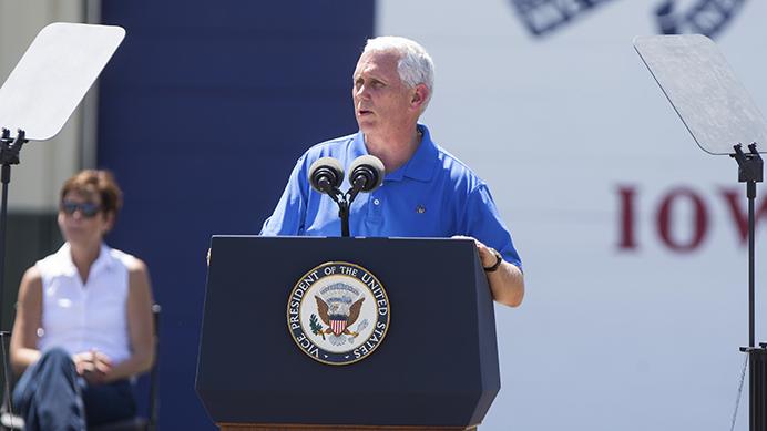 Vice President Mike Pence speaks during Joni Ernsts third annual Roast and Ride event in Boone, Iowa, on Saturday, June 3, 2017. Guests included Vice President Mike Pence; Sen. Tim Scott, R-S.C.; Sen. Chuck Grassley, R-Iowa; Iowa Gov. Kim Reynolds; and Rep. Steve King, R-Iowa. (The Daily Iowan/Nick Rohlman)