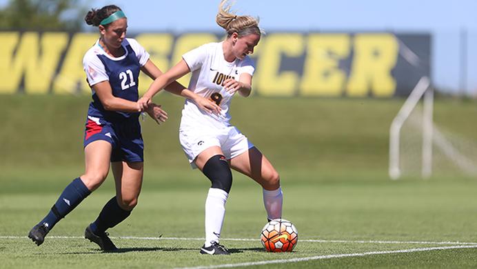 File - In this file photo, Iowa defender Amanda Lulek protects the ball from Chicago forward Emily Wauer at the Iowa Soccer Complex on Sunday, Sept. 13, 2015. Lulek announced she had signed a contract with a Polish professional team in the UEFA Womens Champions League. (Valerie Burke/The Daily Iowan, file)