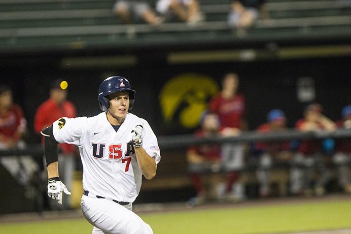 Iowa+third+basemen+Grant+Judkins+runs+to+first+during+a+baseball+game+between+the+Iowa+Hawkeyes+representing+the+United+States+as+the+USA+National+Team+and+the+Quad+City+Cardinals+at+Duane+Banks+Field+on+Thursday%2C+Aug.+10%2C+2017.+The+Hawkeyes+will+travel+to+the+World+University+Games+in+Taipei%2C+Taiwan%2C+from+Aug.+19-30.+%28Joseph+Cress%2FThe+Daily+Iowan%29