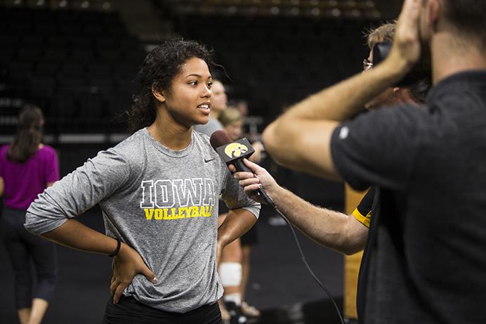 Iowa setter Gabriel Orr speaks with members of the media during volleyball media day in Carver-Hawkeye Arena on Friday, Aug. 18, 2017.  The volleyball team will host their Black &amp; Gold scrimmage tomorrow at 2 PM in Carver, which will be free to the public. (Joseph Cress/The Daily Iowan)