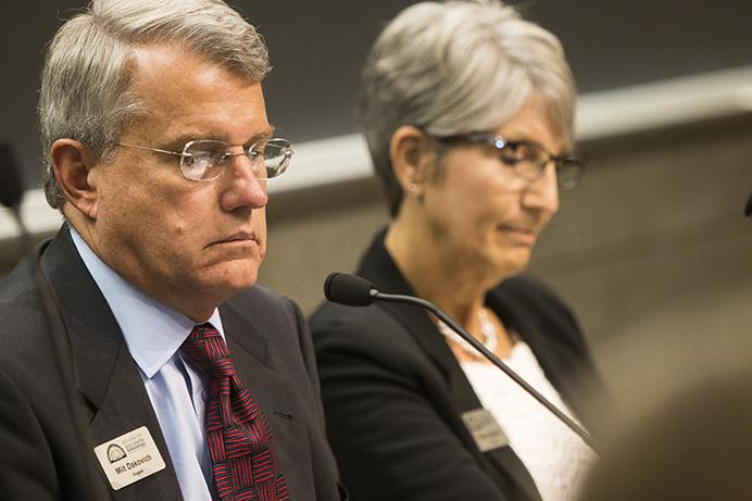 Regent Milt Dakovich, vice chair of the state Board of Regents tuition task force, listens to public comment during the regents tuition task force meeting in 101 Biology Building East in Iowa City on Monday, Aug. 14, 2017. (Joseph Cress/The Daily Iowan)