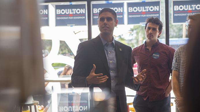 Iowa gubernatorial candidate state Sen. Nate Boulton, D-Des Moines, speaks at the Hawkeyes for Boulton launch at Cortado on Clinton Street on Wednesday, Aug. 23, 2017. Hawkeyes for Boulton will give students the opportunity to get involved in Boultons gubernatorial campaign on campus. (The Daily Iowan/Lily Smith)
