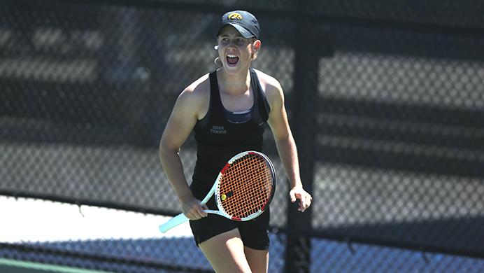 Iowa freshman Elise van Heuvelen celebrates after a point during the match between the Huskers and Hawkeyes at the Hawkeye Tennis & Recreation Complex on April 22, 2017. (Alex Kroeze/The Daily Iowan, file)