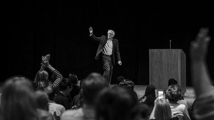 Bernie Sanders walks on stage at Hancher Auditorium on Thursday August 31, 2017. Sanders spoke at Hancher during a tour to promote his new book: Bernie Sanders Guide to Political Revolution. (Nick Rohlman/The Daily Iowan)