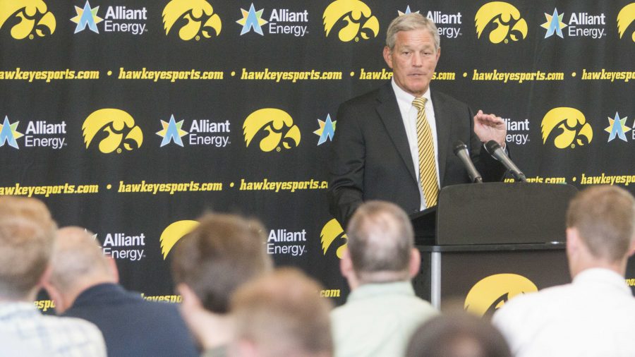 Iowa head coach Kirk Ferentz speaks during Iowa football media day on Saturday, Aug. 5, 2017. The Hawkeyes will play open up non-conference play against Wyoming at 11 a.m. (CT) on Saturday, Sept. 2. (Joseph Cress/The Daily Iowan)