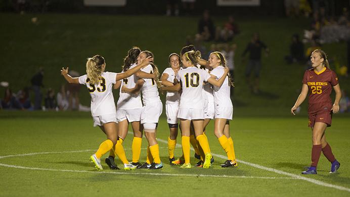 Iowa+Players+celebrate+the+winning+goal+during+the+Iowa+vs.+Iowa+State+soccer+game+on+Friday+august+25%2C+2017.+Iowa+won+1-0+in+extra+time.+%28Nick+Rohlman%2FThe+Daily+Iowan%29