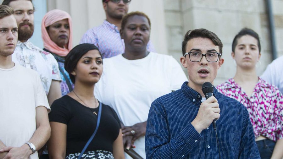 Ryan Hall speaks during his campaign announcement on the east steps of the Old Capitol building on the Pentacrest on Wednesday, Aug. 9, 2017.  Hall is a 24 year old student who is campaigning for a seat representing District B on City Council in the upcoming November election. (Joseph Cress/The Daily Iowan)