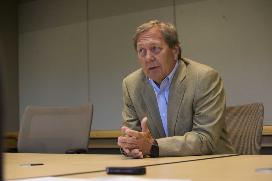 University of Iowa J. Bruce Harreld speaks during an interview with the Daily Iowan in Adler Journalism Building on Tuesday, Sept. 5, 2017. This was the DI's first interview of the 2017-18 school year with Harreld. (Joseph Cress/The Daily Iowan)