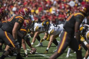 Iowa defensive lineman Matt Nelson is seen on the line of scrimmage during the game at Jack Trice Stadium on Saturday, Sept. 9, 2017.  