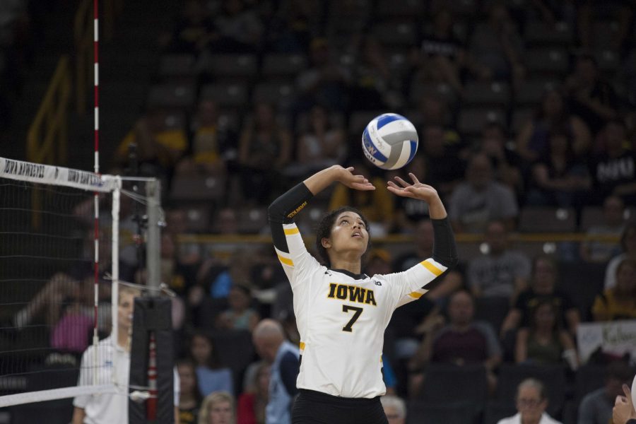 Brie+Orr+sets+the+ball+up+for+a+spike.+Hawkeyes+defeat+the+Huskies+in+volleyball+winning+the+first+three+games.+The+game+against+Northern+Illinois+University+took+place+at+Carver+Hawkeye+Arena+on+September+9%2C+2017.+%28Ashley+Morris%2FThe+Daily+Iowan%29