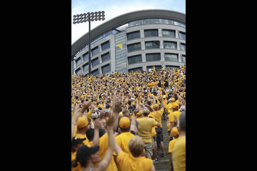 Iowa fans wave to the Stead Family Children's Hospital during the game between Iowa and North Texas at Kinnick Stadium on Saturday Sept. 16, 2017. (Nick Rohlman/The Daily Iowan)