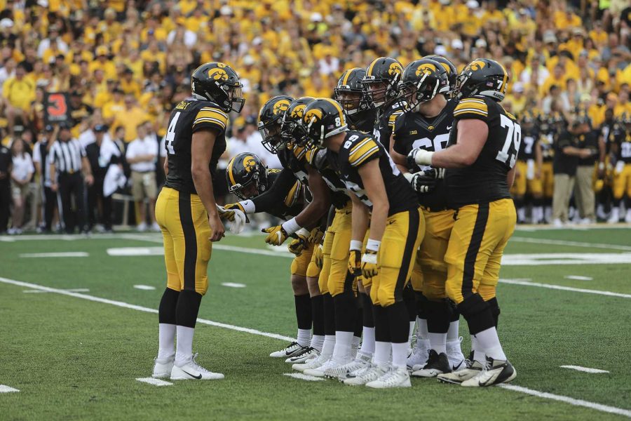 Iowa's Nathan Stanley calls the play during the game between Iowa and North Texas at Kinnick Stadium on Saturday Sept. 16, 2017. (Nick Rohlman/The Daily Iowan)