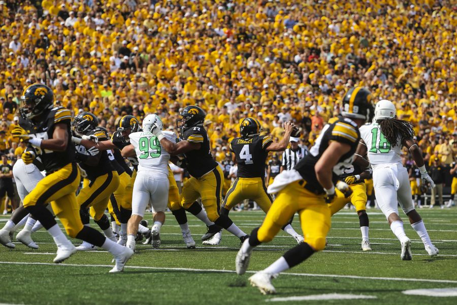 Nathan Stanley throws during the game between Iowa and North Texas at Kinnick Stadium on Saturday Sept. 16, 2017. (Nick Rohlman/The Daily Iowan)