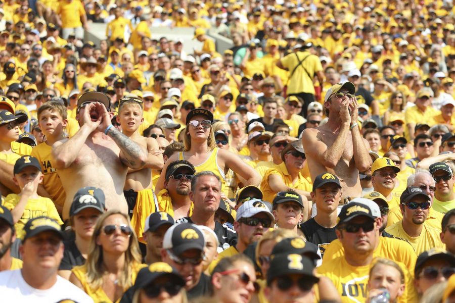 Iowa fans taunt the North Texas kicker during the game between Iowa and North Texas at Kinnick Stadium on Saturday Sept. 16, 2017. (Nick Rohlman/The Daily Iowan)