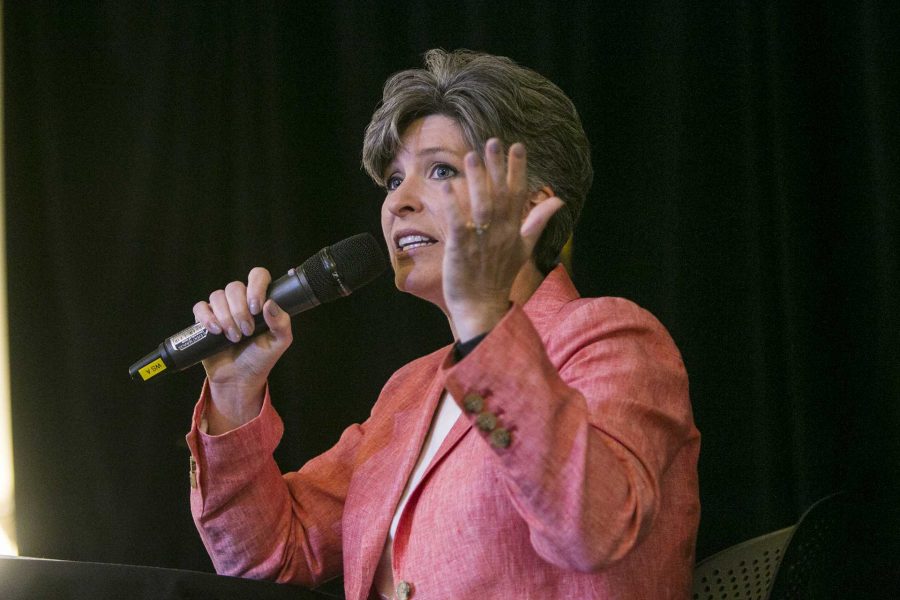 Sen. Joni Ernst, R-Iowa, speaks during a town hall meeting in the IMU on Friday, Sept. 22, 2017. While Sen. Ernst spoke in the IMU, a protest was held outside in Hubbard Park. (Joseph Cress/The Daily Iowan)