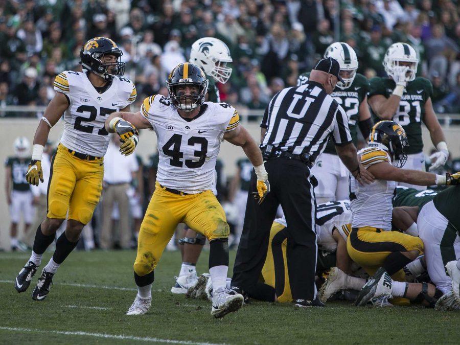 Iowa+linebacker+Josey+Jewell+%2843%29+celebrates+a+successful+tackle+during+the+game+between+Iowa+and+Michigan+State+at+Spartan+Stadium+on+Saturday%2C+Sept.+30%2C+2017.+The+Hawkeyes+fell+to+the+Spartans+with+a+final+score+of+10-17.+%28Ben+Smith%2FThe+Daily+Iowan%29