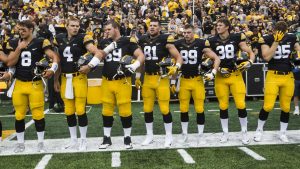 Iowa players stand on the sideline before the season opener against Wyoming on Saturday, Sep. 2, 2017. The Hawkeyes went on to defeat the Cowboys, 24-3. (Ben Smith/The Daily Iowan)
