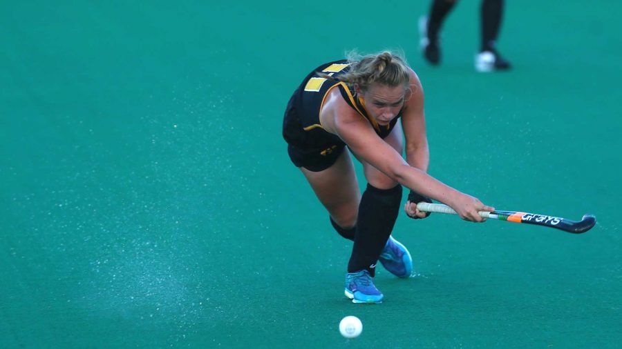 Iowas Katie Birch hits the ball during a game against UNH at Grant Field on Friday, Sept. 8, 2017. The Hawkeyes fell to the Wildcats, 3-2. (Lily Smith/ The Daily Iowan)