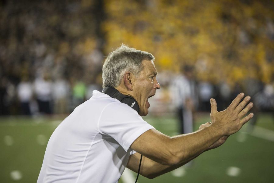 Iowa head coach Kirk Ferentz calls timeout during the game between Iowa and Penn State at Kinnick Stadium on Saturday, Sept. 23, 2017. Both teams are going into the game undefeated with records of 3-0. The Nittany Lions defeated the Hawkeyes 21-19. (Ben Smith/The Daily Iowan)