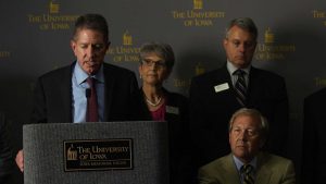 Former state Board of Regents President Bruce Rastetter announces the appointment of Bruce Harreld as the new UI president during a meeting in the IMU on Sept. 3, 2015. Harreld is the 21st president of the UI. 