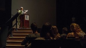 Lisa Lucas, the first African American Executive Director of the National Book Foundation, speaks to an audience at The Englert theatre on Monday, Sept. 25, 2017. Lucas was hosted by the University Lecture Committee in collaboration The Green Room. She spoke on the importance of literature and its ability to bridge together communities from different backgrounds. 