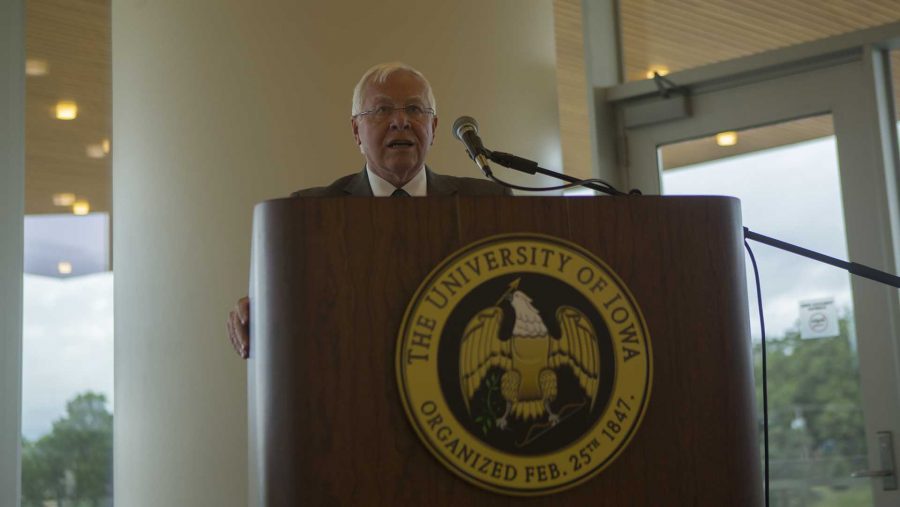 UI Dean of the Carver College of Medicine and VP of Medical Affairs Jean Robillard speaks at a reception honoring his stepping down from leadership positions with UI Health Care at Hancher Auditorium on Tuesday, Sept. 26, 2017. Robillard will remain on the faculty of the Stead Family Department of Pediatrics as a pediatric nephrologist. (Lily Smith/The Daily Iowan)