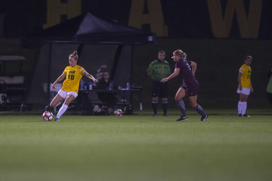 Iowas Natalie Winters kicks the ball during a game against Montana at the Soccer Complex on Friday, Sept. 8, 2017. The Hawkeyes defeated to the Griz, 1-0 on senior night. (Lily Smith/ The Daily Iowan)