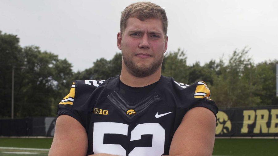 Iowa lineman Boone Myers during Iowa Football Media Day on Saturday, Aug. 5, 2017. The Hawkeyes will open the 2017 season at home against Wyoming on September 3. (Nick Rohlman/The Daily Iowan)